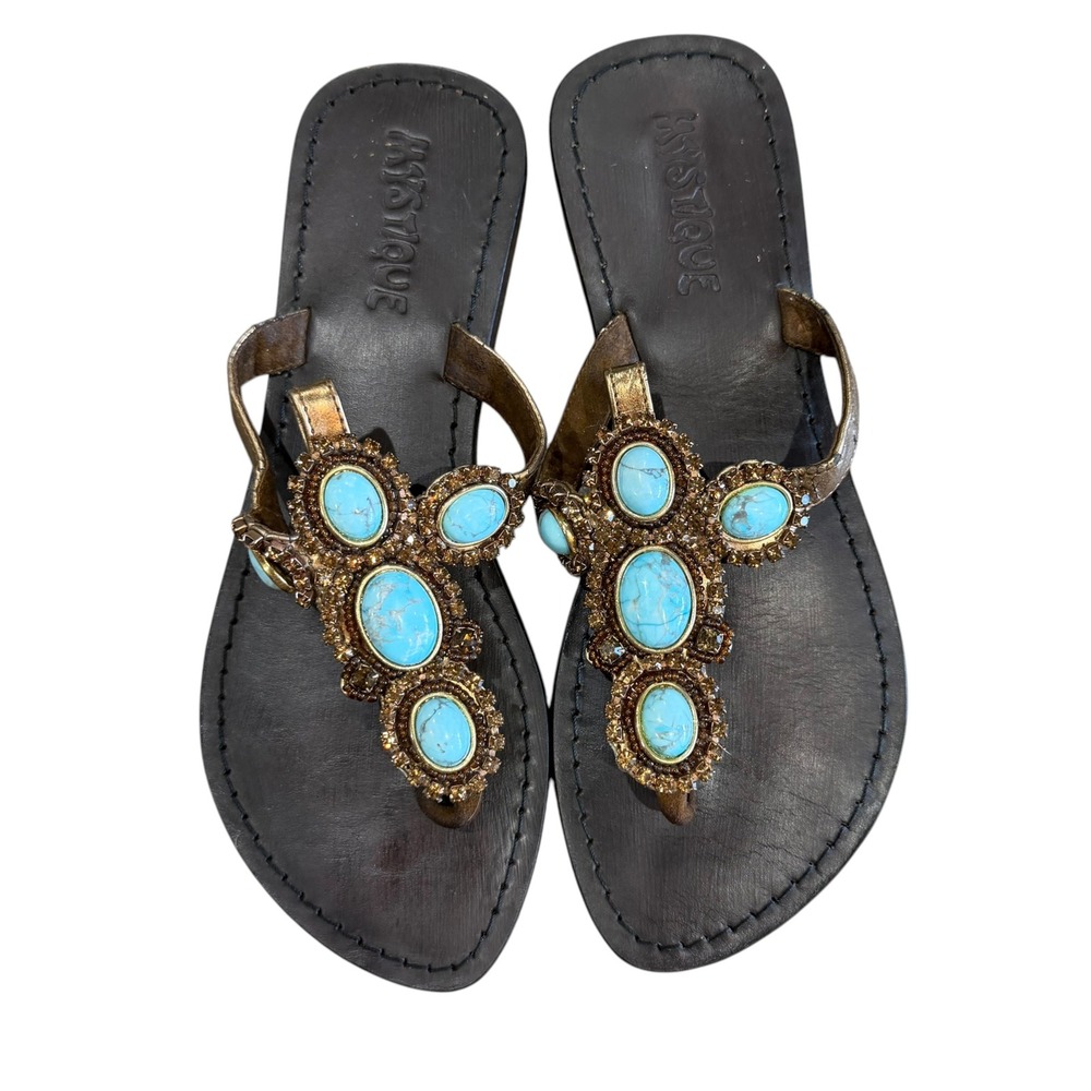 Mystique Bejeweled Things Sandals Women's 8 Turquoise Leather Maximalism